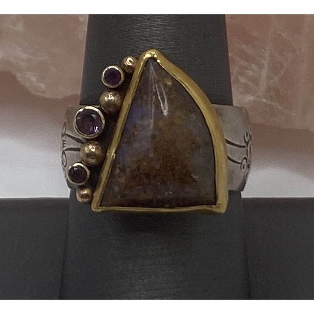 HANDMADE STERLING SILVER 22 K GOLD 14 K GOLD AND FIRE OPAL RING SIZE 8.75